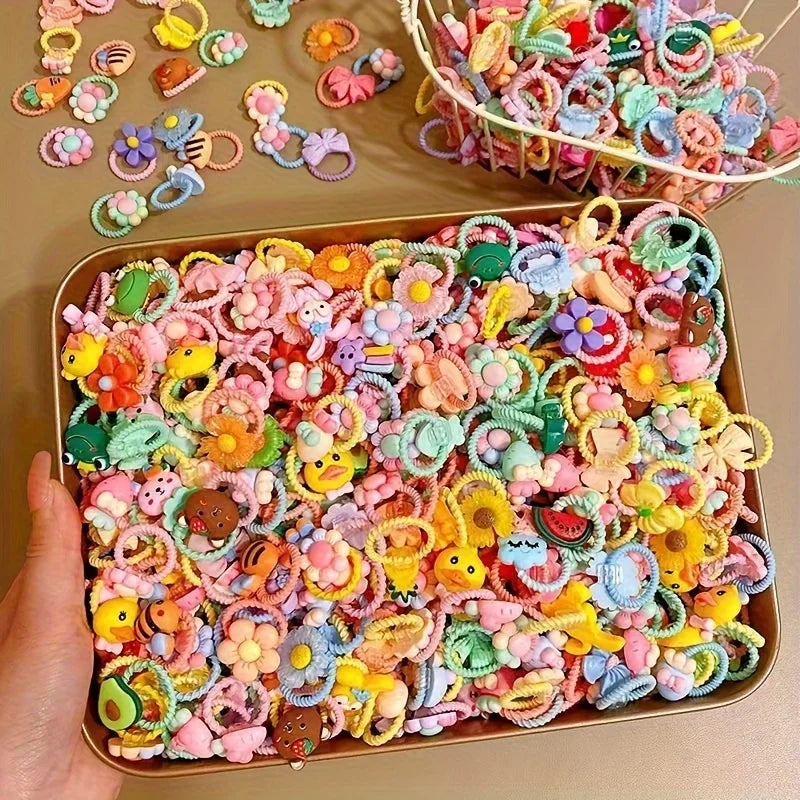 30pcs girls high elastic hair band does not hurt hair, cartoon animal flowers and fruit decorative hair band, decorative hair se