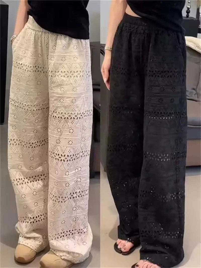 Women's Lace Hollow Out Wide Leg Pants High Waist Elastic 2025 Summer Straight Trousers Fashion Thin Casual Black Pants