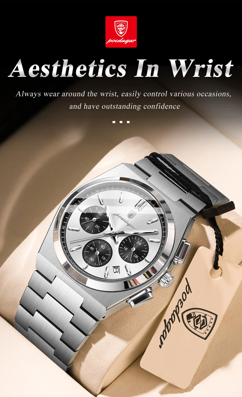 POEDAGAR Top Business Men's Watch Chronograph Date Stainless Steel Classic Man Clock Waterproof Luminous Quartz Watches For Men