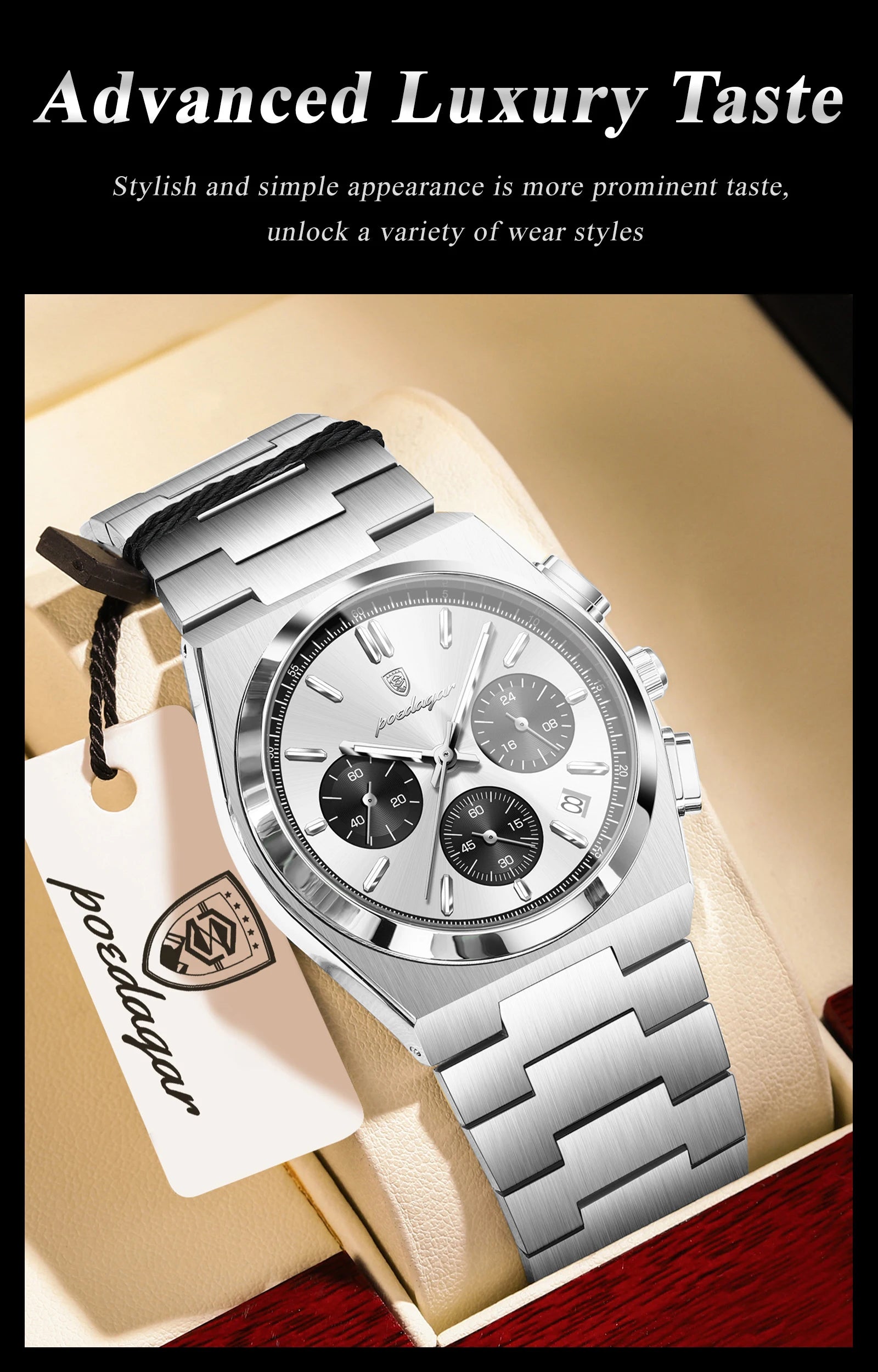 POEDAGAR Top Business Men's Watch Chronograph Date Stainless Steel Classic Man Clock Waterproof Luminous Quartz Watches For Men