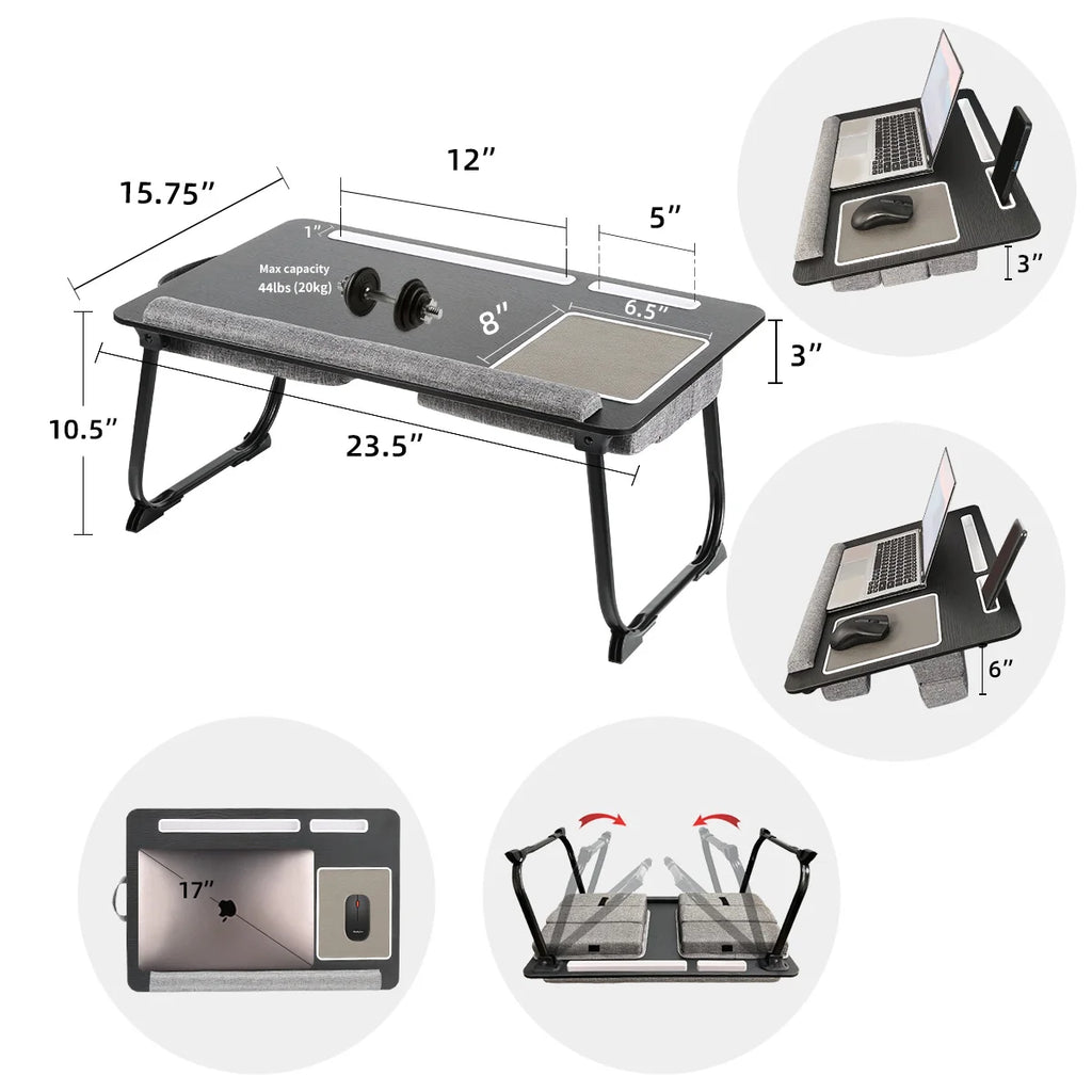 MUMUCC Portable Bed Table For Laptop Folding With Foldable Cushion,Handle,Slot And Mouse Pad, Wooden Gaming Desk