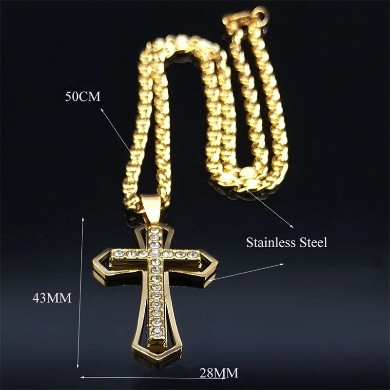 Catholic Cross Amulet Crystal Pendant Men Chain Necklace Gold Color Stainless Steel Necklaces Jewelry colar masculino N4930S02