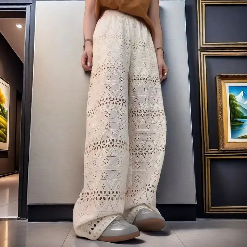 Women's Lace Hollow Out Wide Leg Pants High Waist Elastic 2025 Summer Straight Trousers Fashion Thin Casual Black Pants
