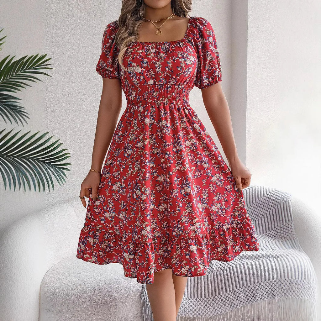 Summer Women's Beach Dress Floral 3D Print Square Neck Short-Sleeved Ladies Waist Ruffled A-Line Dress For Women Holiday Dresses