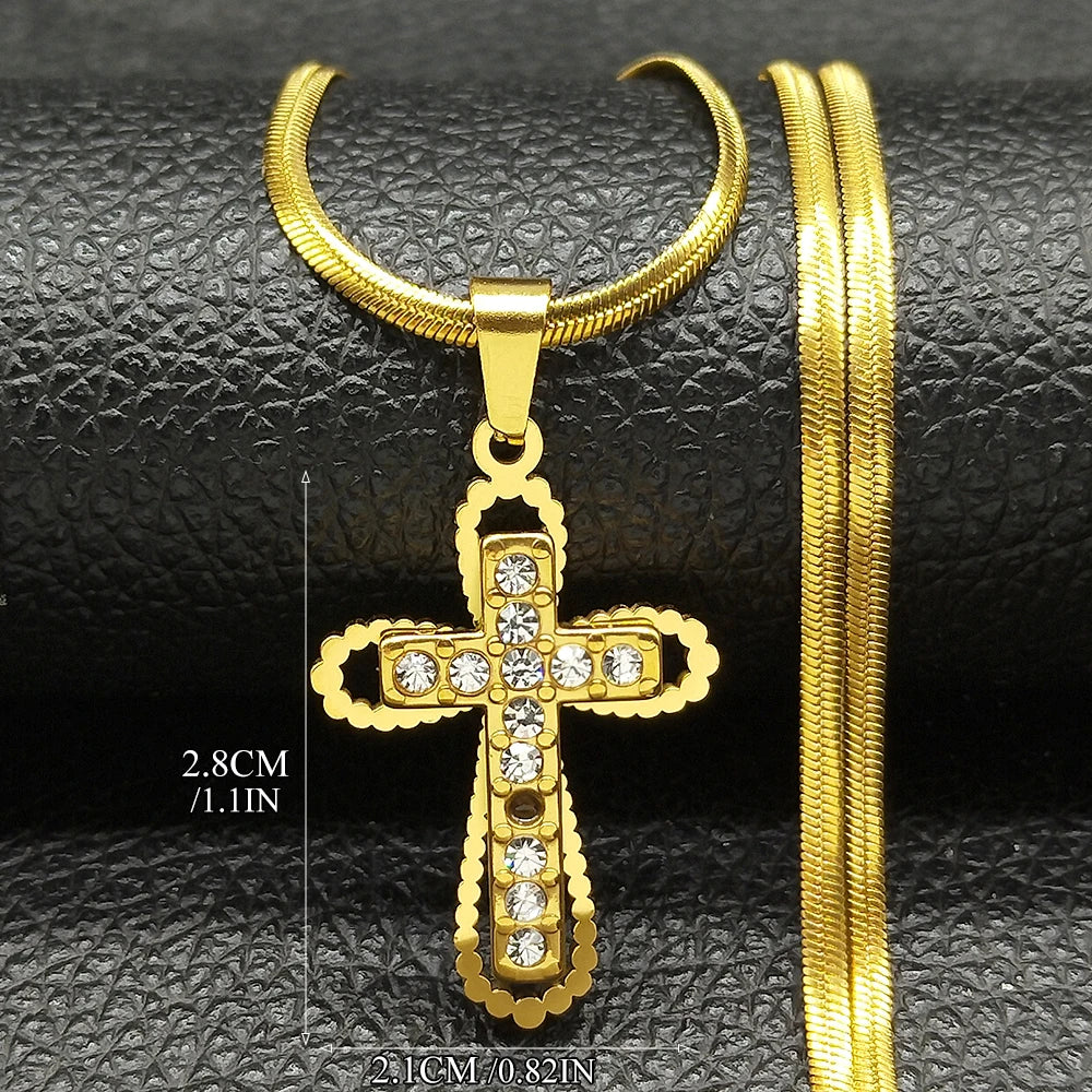 Catholic Cross Amulet Crystal Pendant Men Chain Necklace Gold Color Stainless Steel Necklaces Jewelry colar masculino N4930S02