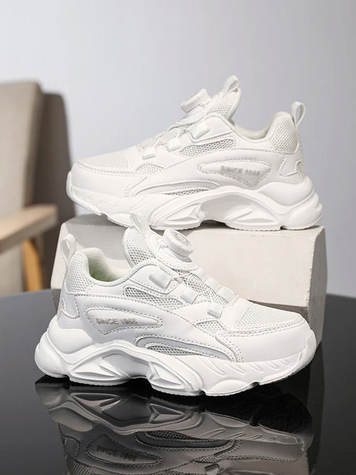 Slip-on rotating buckle! Kids' mesh black dad shoes, breathable and stuffy-free, non-slip white sports shoes for boys and girls