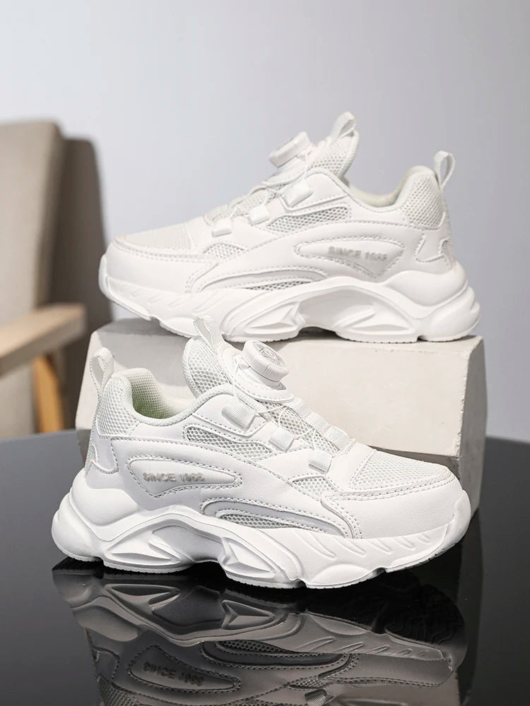 Slip-on rotating buckle! Kids' mesh black dad shoes, breathable and stuffy-free, non-slip white sports shoes for boys and girls