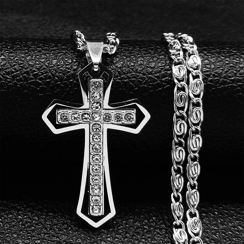 Catholic Cross Amulet Crystal Pendant Men Chain Necklace Gold Color Stainless Steel Necklaces Jewelry colar masculino N4930S02