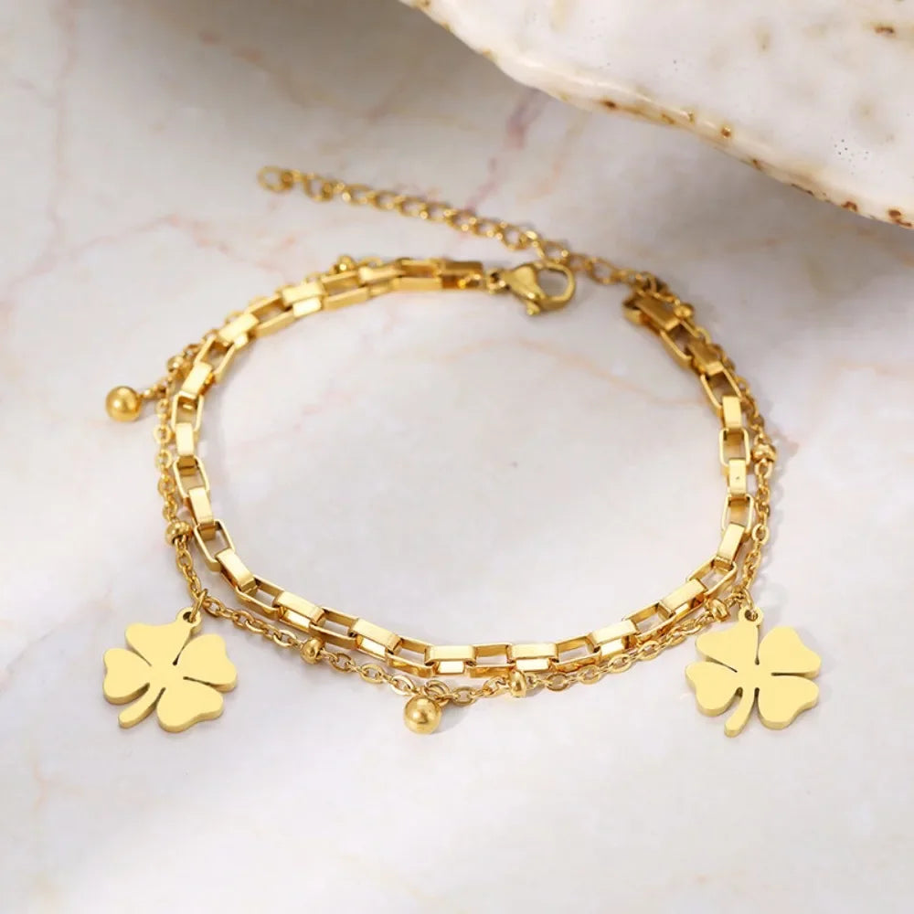 Charm Four Leaf Lucky Flower Double Layer Bracelet for Women Luxury Gold Color Stainless Steel Bangle Jewelry Gift Colorfast
