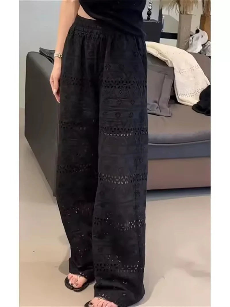 Women's Lace Hollow Out Wide Leg Pants High Waist Elastic 2025 Summer Straight Trousers Fashion Thin Casual Black Pants
