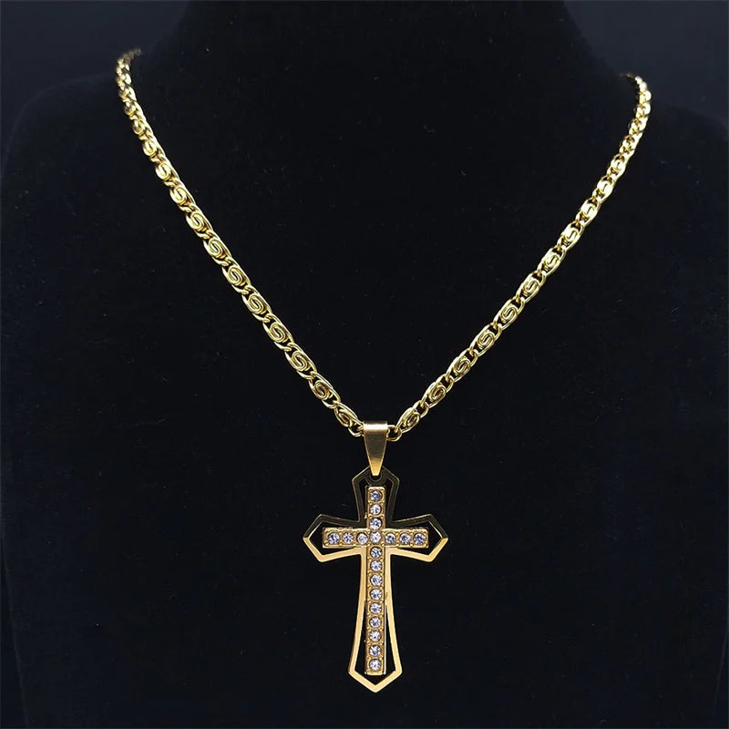 Catholic Cross Amulet Crystal Pendant Men Chain Necklace Gold Color Stainless Steel Necklaces Jewelry colar masculino N4930S02
