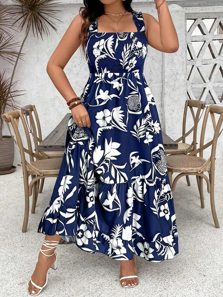 Plus Size 2025 Summer New Holiday Floral Halter Dress with Ruffle Hem and Gathered Bust Plus Size Dress Polyester