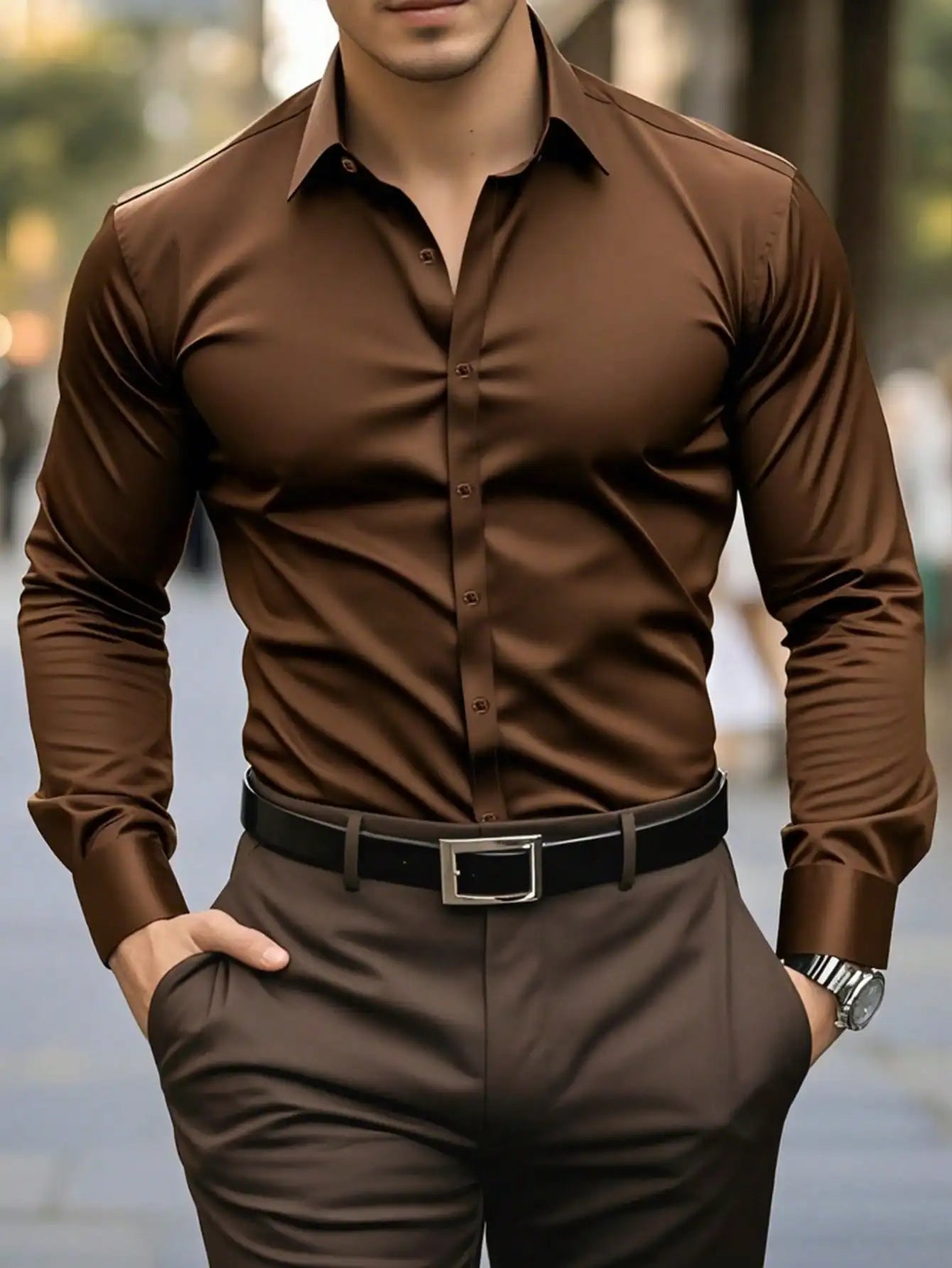 Men's Solid Red Long Sleeve Formal Dress Shirt for Business Office Wear