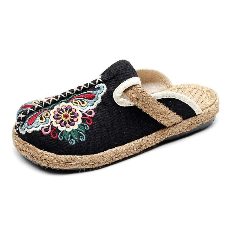 Johnature Women Slippers Summer 2026 New Slides Embroider Flat With Women Shoes Retro Flower Handmade Concise Ladies Slippers