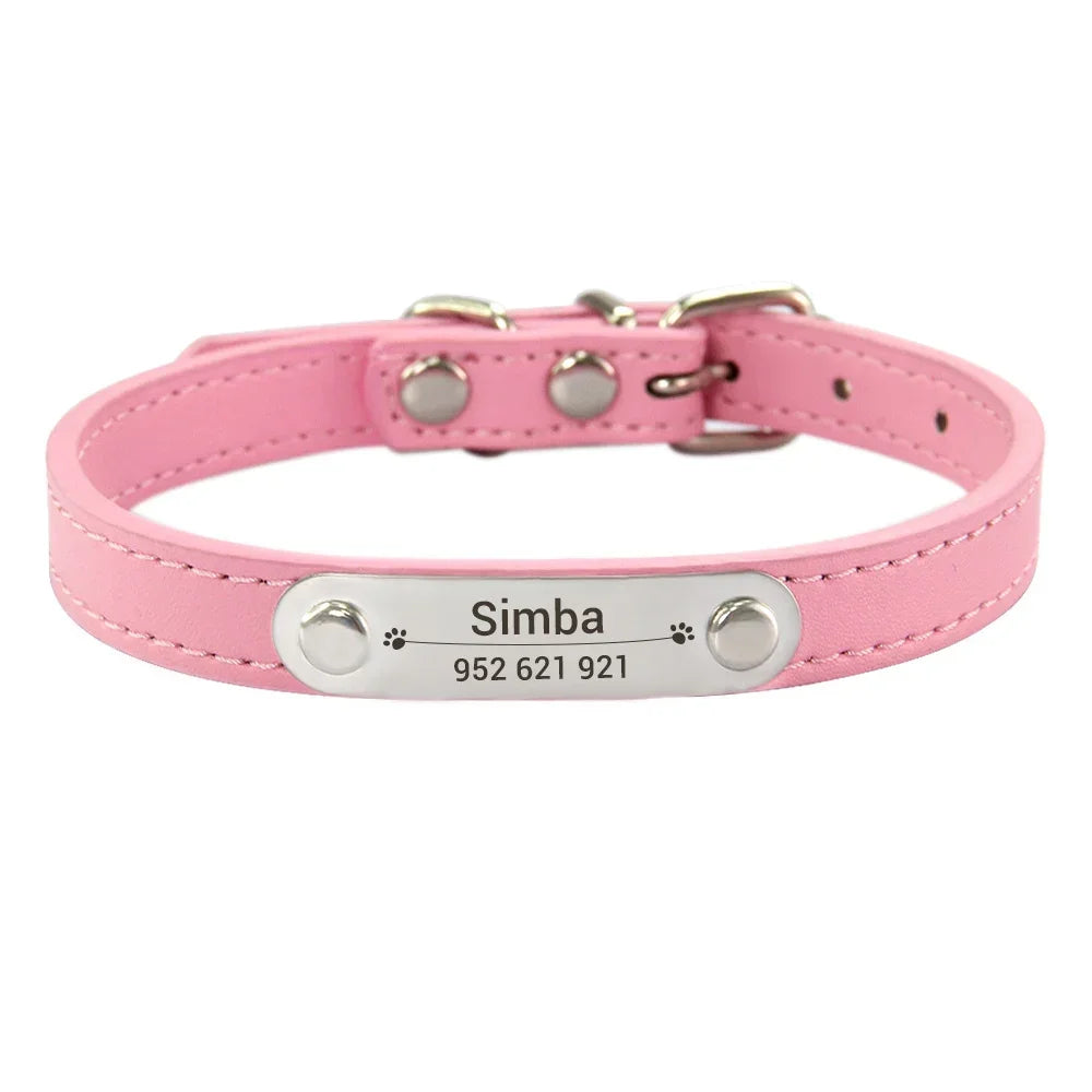 Personalized Dog Collar Name Carved 16 Colors Solid PU Leather Collar For Small Medium Large Dogs Puppy Cat Accessories Red Pink