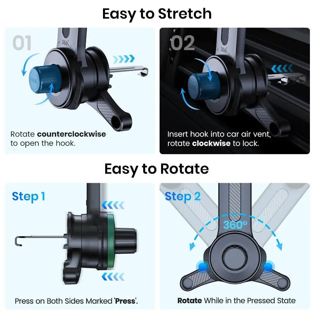 TOPK Car Phone Mount Holder, 3-Point Support 360° Rotating Extended Arm Metal Hook Superior Stability Phone Holder for Car Cars