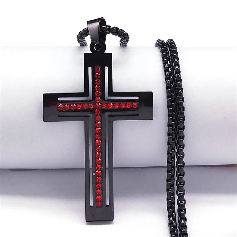 Catholic Cross Amulet Crystal Pendant Men Chain Necklace Gold Color Stainless Steel Necklaces Jewelry colar masculino N4930S02