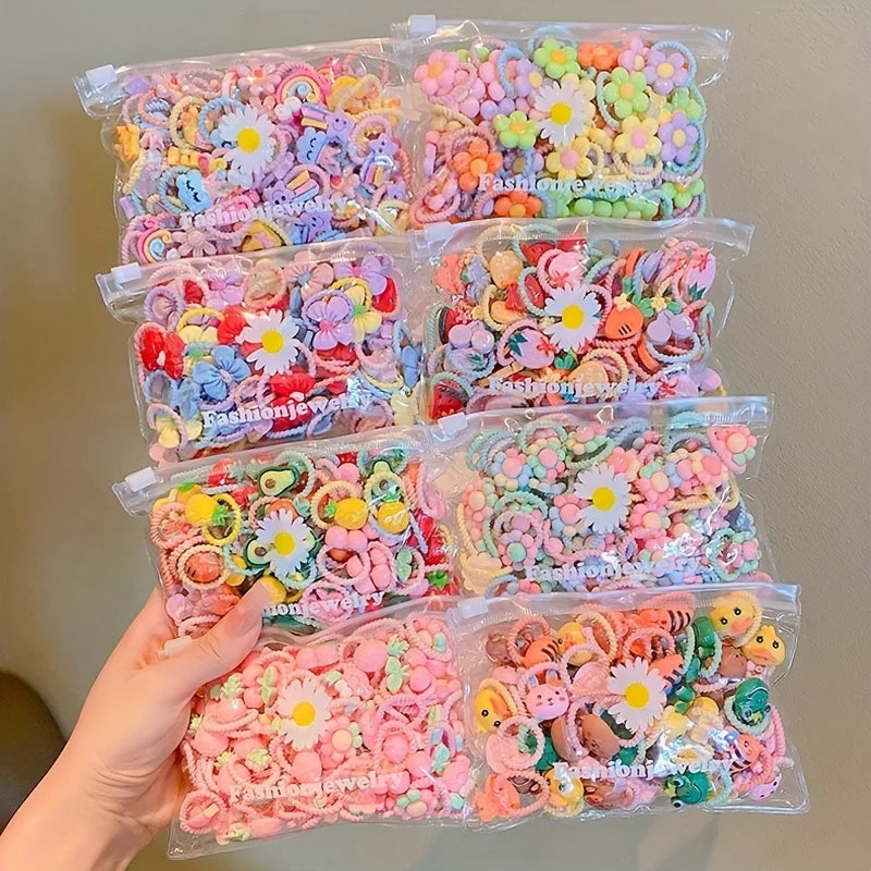 30pcs girls high elastic hair band does not hurt hair, cartoon animal flowers and fruit decorative hair band, decorative hair se