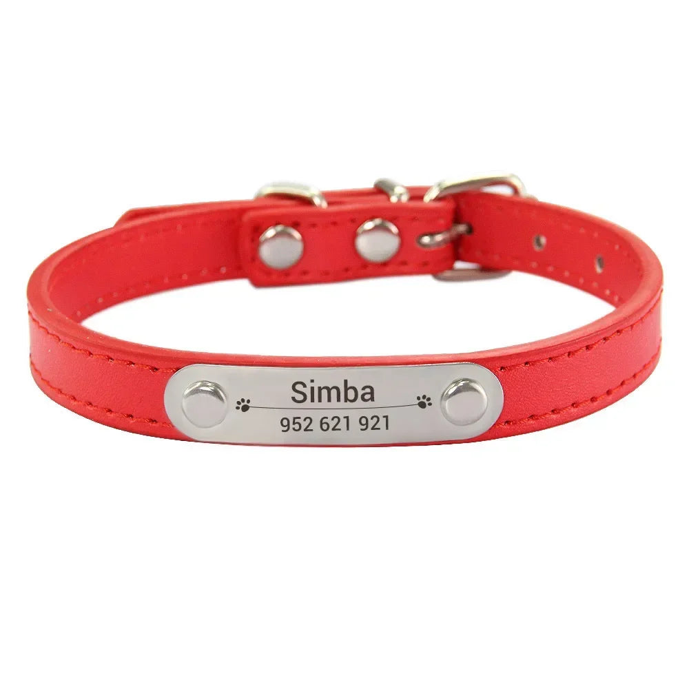 Personalized Dog Collar Name Carved 16 Colors Solid PU Leather Collar For Small Medium Large Dogs Puppy Cat Accessories Red Pink