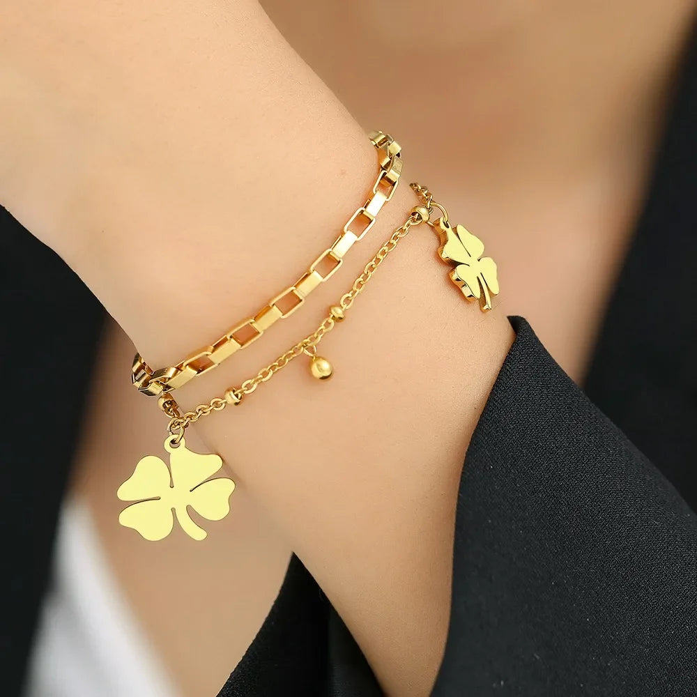 Charm Four Leaf Lucky Flower Double Layer Bracelet for Women Luxury Gold Color Stainless Steel Bangle Jewelry Gift Colorfast