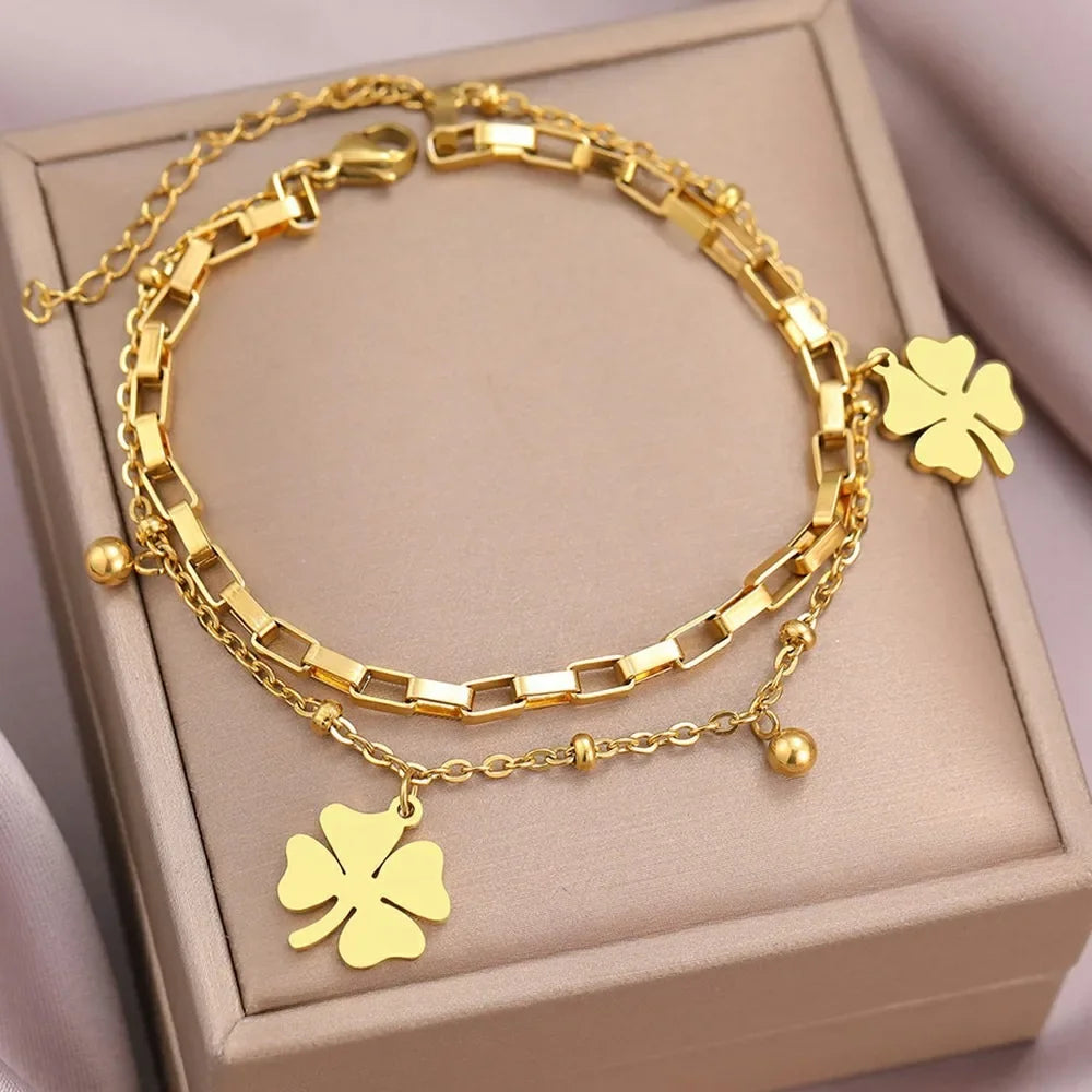 Charm Four Leaf Lucky Flower Double Layer Bracelet for Women Luxury Gold Color Stainless Steel Bangle Jewelry Gift Colorfast