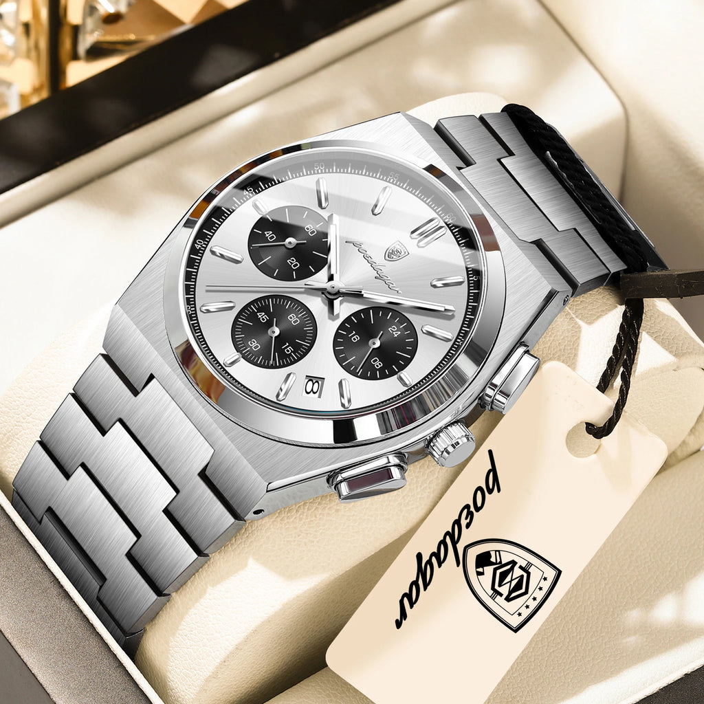 POEDAGAR Top Business Men's Watch Chronograph Date Stainless Steel Classic Man Clock Waterproof Luminous Quartz Watches For Men