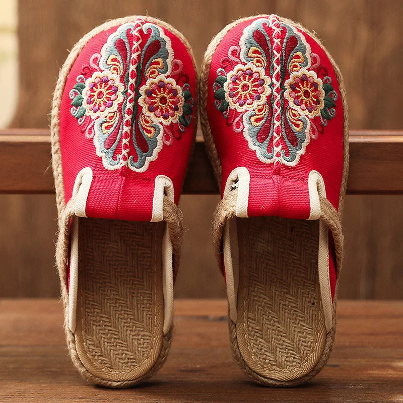 Johnature Women Slippers Summer 2026 New Slides Embroider Flat With Women Shoes Retro Flower Handmade Concise Ladies Slippers