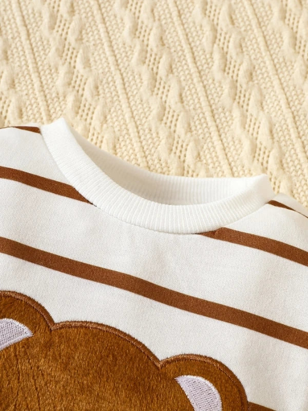 "Korean-Style Baby Romper | Brown & White Striped Onesie with Bear-Holding-Heart Embroidery - 'I Love Mom & Dad' Themed"
