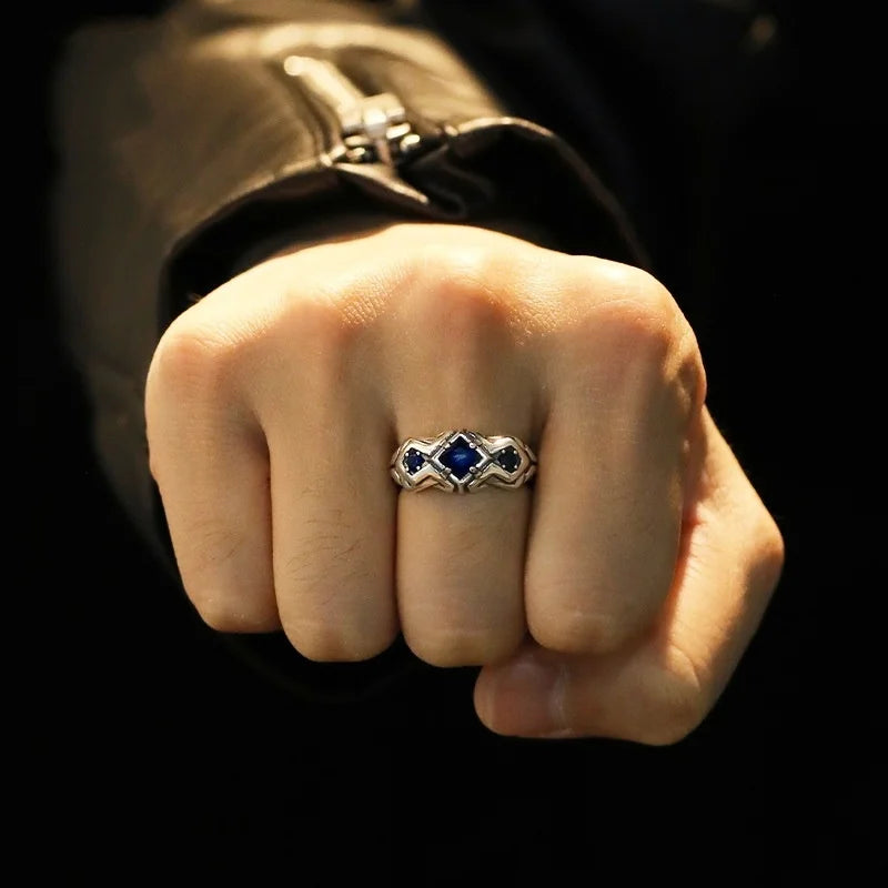 QEENKISS 925 Sterling Silver Vintage Square Blue Rings for Men Birthday Wedding Party Christmas Groom Father Boy Gifts RG7092