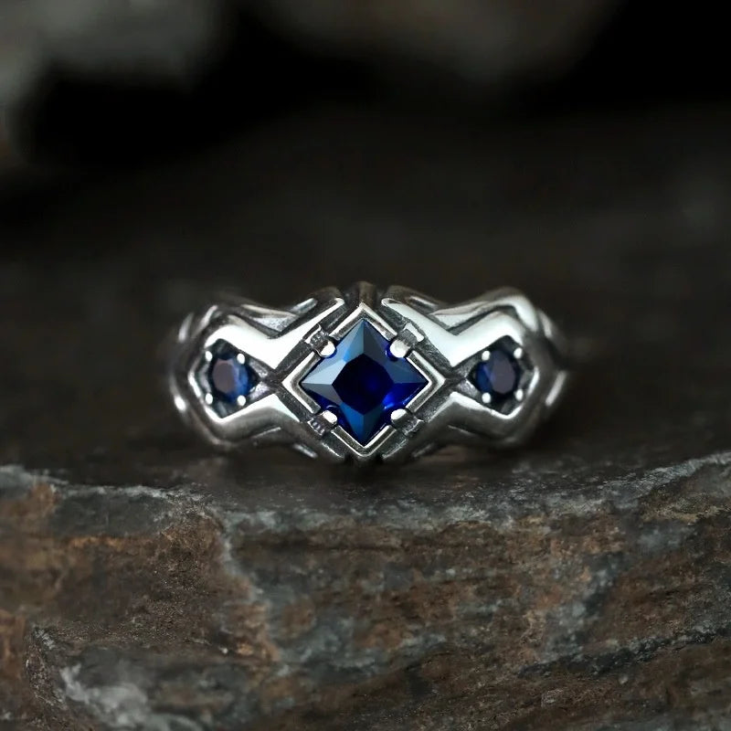 QEENKISS 925 Sterling Silver Vintage Square Blue Rings for Men Birthday Wedding Party Christmas Groom Father Boy Gifts RG7092