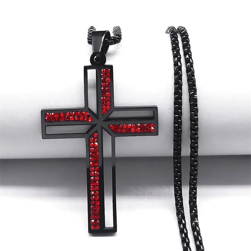 Catholic Cross Amulet Crystal Pendant Men Chain Necklace Gold Color Stainless Steel Necklaces Jewelry colar masculino N4930S02