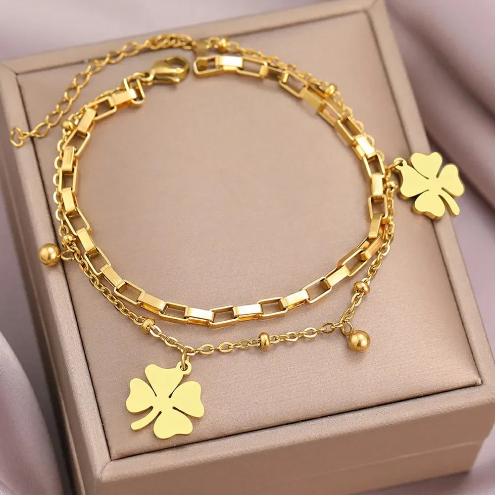 Charm Four Leaf Lucky Flower Double Layer Bracelet for Women Luxury Gold Color Stainless Steel Bangle Jewelry Gift Colorfast
