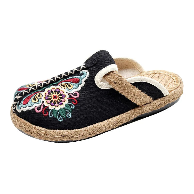 Johnature Women Slippers Summer 2026 New Slides Embroider Flat With Women Shoes Retro Flower Handmade Concise Ladies Slippers