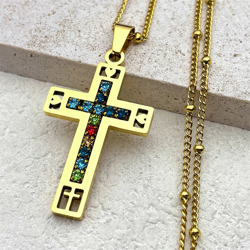 Catholic Cross Amulet Crystal Pendant Men Chain Necklace Gold Color Stainless Steel Necklaces Jewelry colar masculino N4930S02