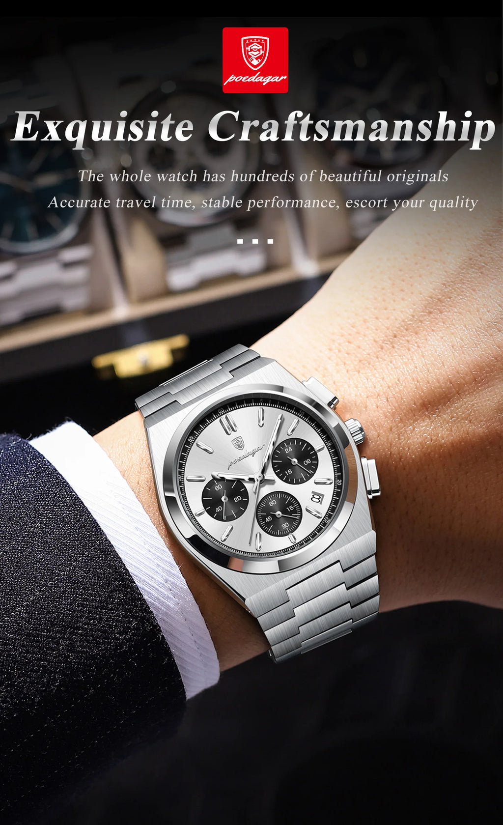 POEDAGAR Top Business Men's Watch Chronograph Date Stainless Steel Classic Man Clock Waterproof Luminous Quartz Watches For Men