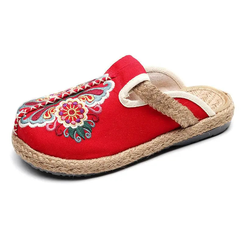Johnature Women Slippers Summer 2026 New Slides Embroider Flat With Women Shoes Retro Flower Handmade Concise Ladies Slippers