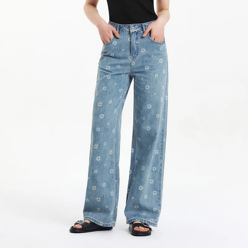 Semir All Over Print Denim Pants Women Sweet Niche 2025 Summer New Cotton Wide Leg Trousers