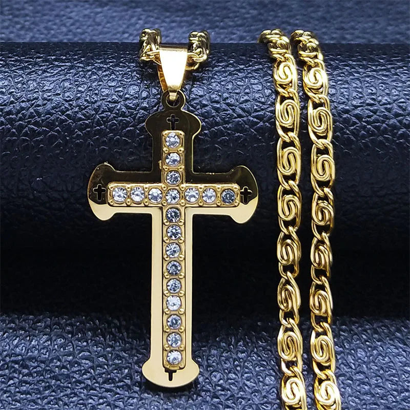 Catholic Cross Amulet Crystal Pendant Men Chain Necklace Gold Color Stainless Steel Necklaces Jewelry colar masculino N4930S02