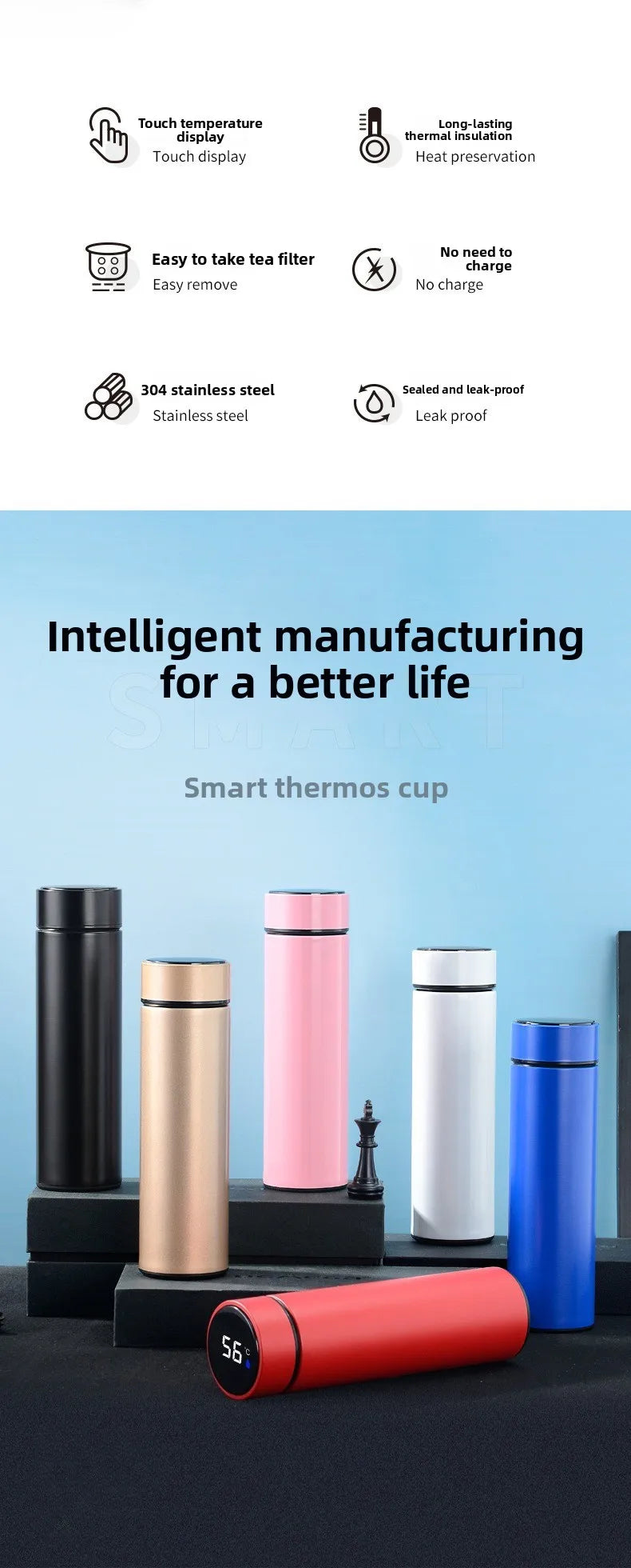 500ML Temperature Display Thermos Cup Stainless Steel Divided Thermos Bottle Outdoor Vacuum Insulated Cup Father's Day Gift