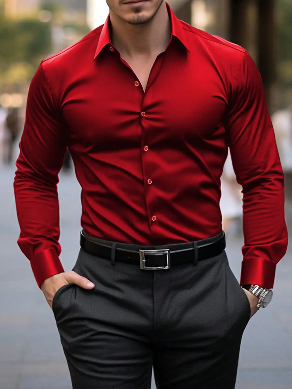 Men's Solid Red Long Sleeve Formal Dress Shirt for Business Office Wear