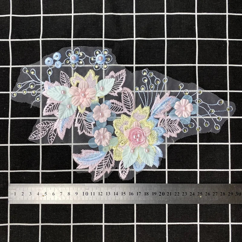 1Pc Beaded Pink Flower Embroidery Lace Accessories Wedding Dress Decoration Patch Flowers Handmade DIY Repair 28*18CM