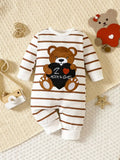 "Korean-Style Baby Romper | Brown & White Striped Onesie with Bear-Holding-Heart Embroidery - 'I Love Mom & Dad' Themed"