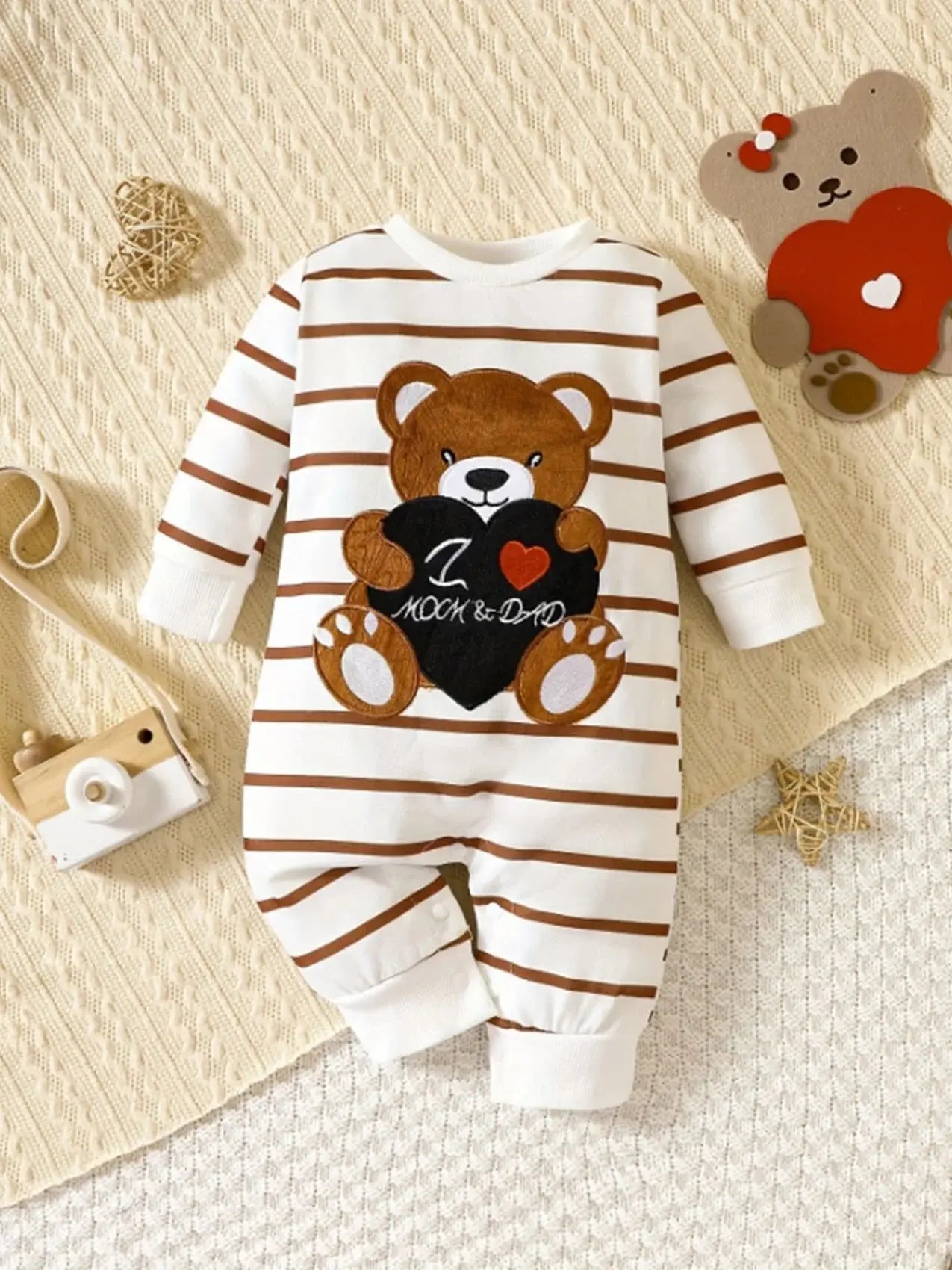 "Korean-Style Baby Romper | Brown & White Striped Onesie with Bear-Holding-Heart Embroidery - 'I Love Mom & Dad' Themed"