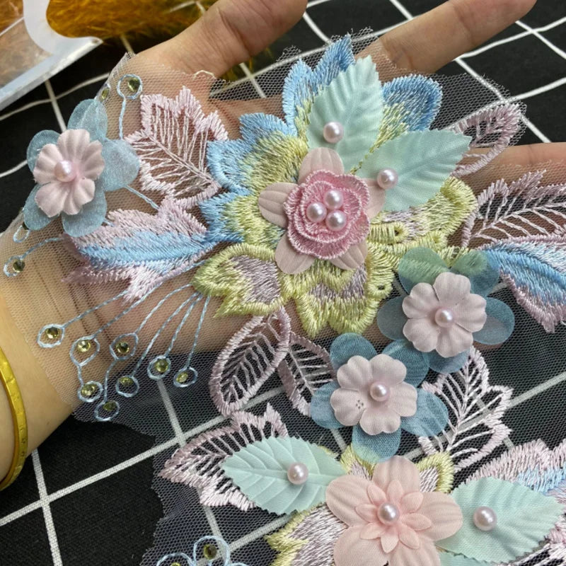1Pc Beaded Pink Flower Embroidery Lace Accessories Wedding Dress Decoration Patch Flowers Handmade DIY Repair 28*18CM