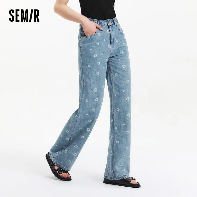Semir All Over Print Denim Pants Women Sweet Niche 2025 Summer New Cotton Wide Leg Trousers