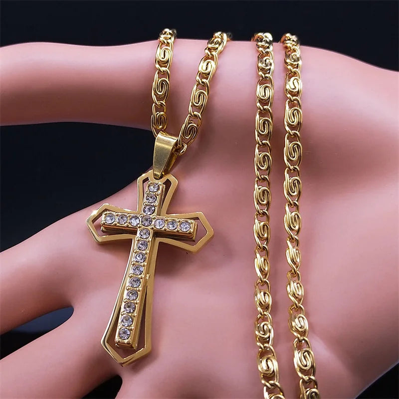 Catholic Cross Amulet Crystal Pendant Men Chain Necklace Gold Color Stainless Steel Necklaces Jewelry colar masculino N4930S02