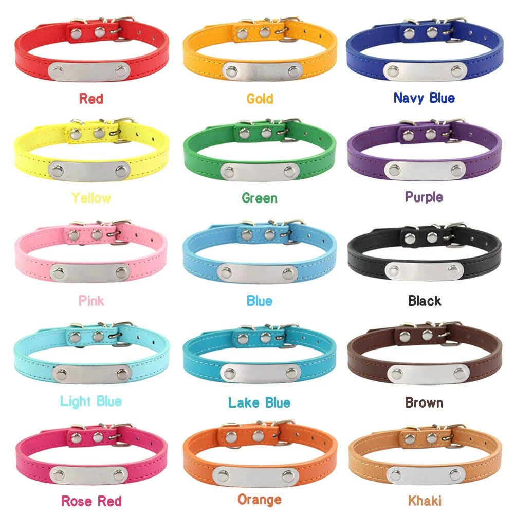 Personalized Dog Collar Name Carved 16 Colors Solid PU Leather Collar For Small Medium Large Dogs Puppy Cat Accessories Red Pink