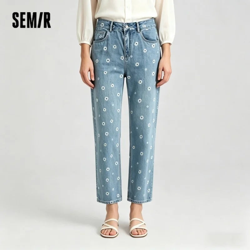 Semir All Over Print Denim Pants Women Sweet Niche 2025 Summer New Cotton Wide Leg Trousers