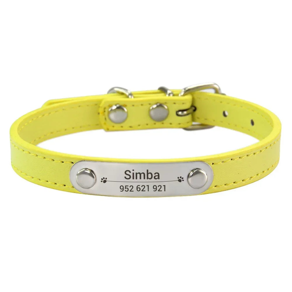 Personalized Dog Collar Name Carved 16 Colors Solid PU Leather Collar For Small Medium Large Dogs Puppy Cat Accessories Red Pink