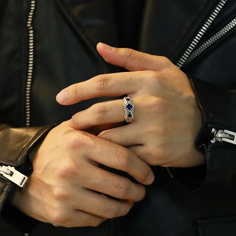 QEENKISS 925 Sterling Silver Vintage Square Blue Rings for Men Birthday Wedding Party Christmas Groom Father Boy Gifts RG7092